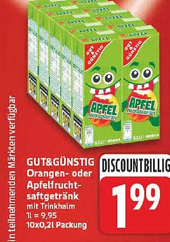 GUT&GÜNSTIG Orangen- oder Apfelfruchtsaftgetränk mit Trinkhalm 1 l = 9,95 10x0,2l Packung