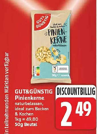 GUT&GÜNSTIG Pinienkerne naturbelassen, ideal zum Backen & Kochen 1kg = 49,80 50g Beutel