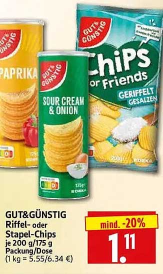 GUT&GÜNSTIG Riffel- oder Stapel-Chips je 200 g/175 g Packung/Dose