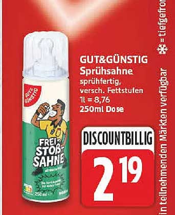 GUT&GÜNSTIG Sprühsahne sprühfertig versch. Fettstufen 1L = 8.76 250ml Dose