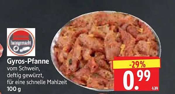 Gyros-Pfanne vom Schwein, deftig gewürzt, für eine schnelle Mahlzeit 100 g