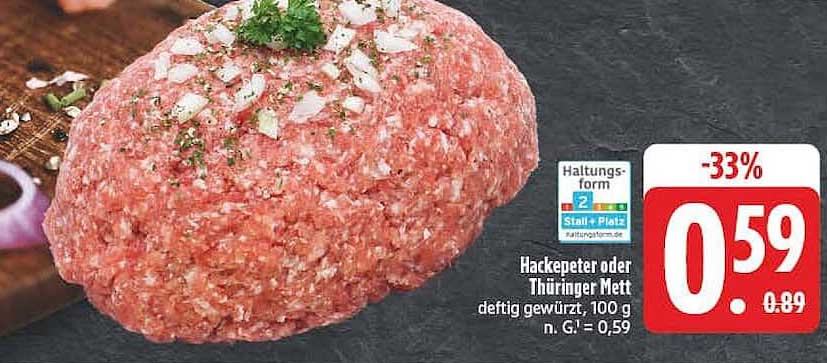 Hackepeter oder Thüringer Mett deftg gewürzt, 100 g
