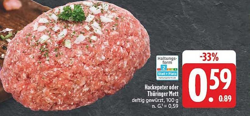 Hackepeter oder Thüringer Mett deftg gewürzt, 100 g