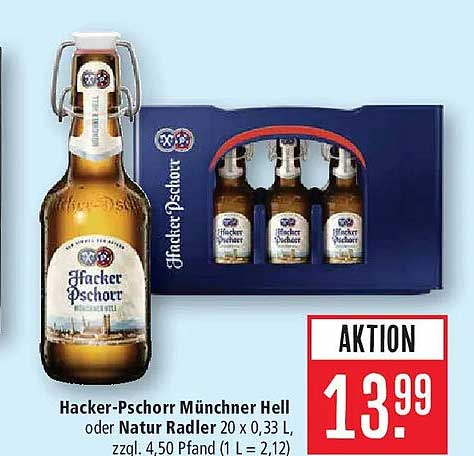 Hacker-Pschorr Münchner Hell oder Natur Radler 20 x 0,33 L, zzgl. 4,50 Pfand (1 L = 2,12)