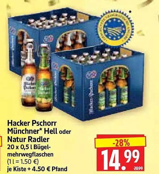 Hacker Pschorr Münchner* Hell oder Natur Radler 20 x 0,5 l Bügelmehrwegflaschen