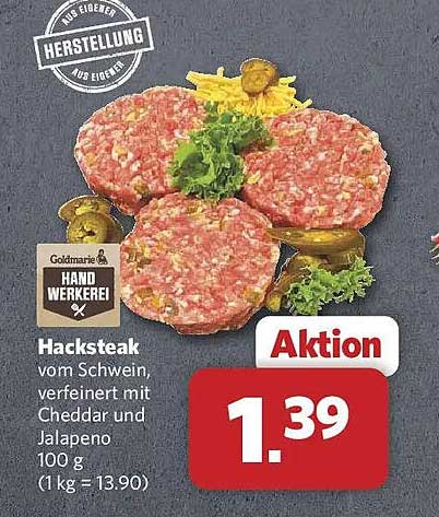 Hacksteak vom Schwein, verfeinert mit Cheddar und Jalapeno 100 g (1 kg = 13,90)