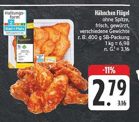 Hähnchen Flügel ohne Spitze, frisch, gewürzt, verschiedene Gewichte z.B. 400 g SB-Packung 1kg = 6,98 n. G.= 3,16