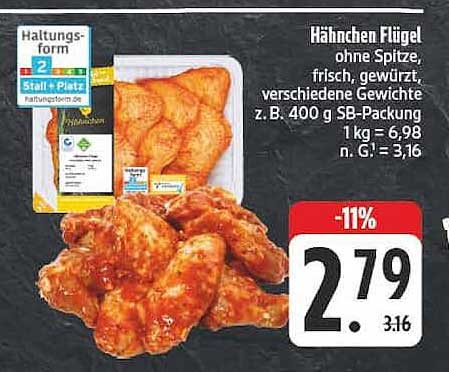 Hähnchen Flügel ohne Spitze, frisch, gewürzt, verschiedene Gewichte z.B. 400 g SB-Packung