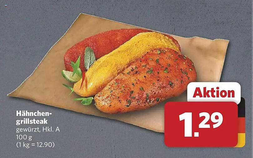Hähnchen-grillsteak gewürzt, Hkl. A 100 g (1 kg = 12.90)