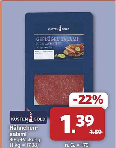 Hähnchen-Salami 80-g-Packung (1 kg = 17,38)
