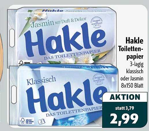 Hakle Toilettenpapier 3-lagig klassisch oder Jasmin 8x150 Blatt