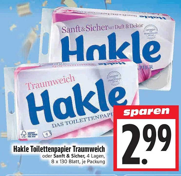 Hakle Toilettenpapier Traumweich oder Sanft & Sicher, 4 Lagen, 8 x 130 Blatt, je Packung