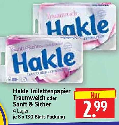 Hakle Toilettenpapier Traumweich oder Sanft & Sicher 4 Lagen je 8 x 130 Blatt Packung