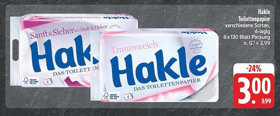 Hakle Toilettenpapier verschiedene Sorten, 4-lagig 8 x 130 Blatt Packung n. G! = 2,99