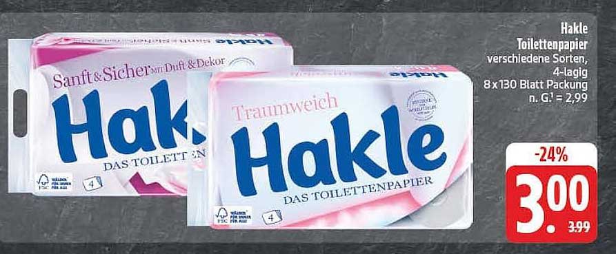Hakle Toilettenpapier verschiedene Sorten, 4-lagig 8 x 130 Blatt Packung n. G. = 2,99