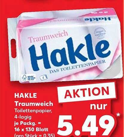 HAKLE Traumweich Toilettenpapier, 4-lagig, je Packg. = 16 x 130 Blatt (pro Stück = 0,35)