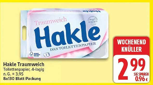 Hakle Traumweich Toilettenpapier, 4-lagig n. G. = 3,95 8x130 Blatt Packung