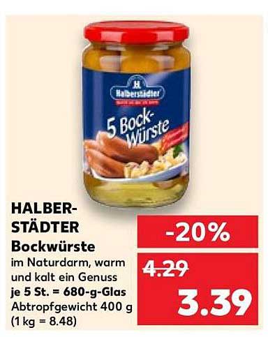 HALBERSTÄDTER Bockwürste im Naturdarm, warm und kalt ein Genuss, je 5 St. = 680-g-Glas Abtropfgewicht 400 g (1 kg = 8.48)