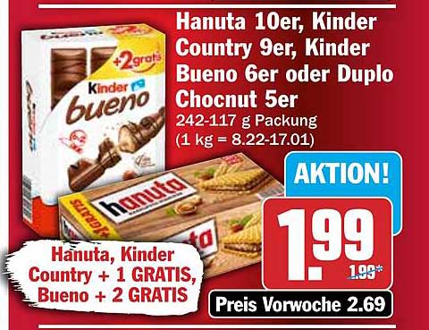 Hanuta 10er, Kinder Country 9er, Kinder Bueno 6er oder Duplo Chocnut 5er
