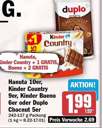 Hanuta, Kinder Country + 1 GRATIS, Bueno + 2 GRATIS