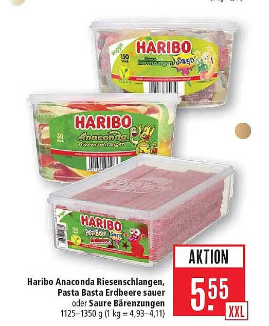Haribo Anaconda Riesenschlangen, Pasta Basta Erdbeere sauer oder Saure Bärzungen
