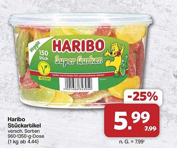 Haribo Stückartikel versch. Sorten 960-1350-g-Dose (1 kg ab 4.44)