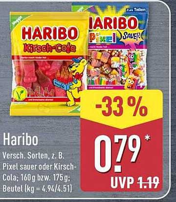 Haribo Versch. Sorten, z. B. Pixel sauer oder Kirsch-Cola; 160 g bzw. 175 g; Beutel (kg = 4,94/4,51)