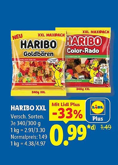 HARIBO XXL Versch. Sorten. Je 340/300 g 1 kg = 2.91/3.30 Normalpreis:1.49 1 kg = 4.38/4.97