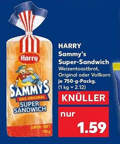 HARRY Sammy's Super-Sandwich Weizentoastbrot, Original oder Vollkorn je 750-g-Packg. (1 kg = 2.12)