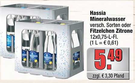 Hassia Mineralwasser versch. Sorten oder Fitzelchen Zitrone 12x0,75-L-Fl. (1 L = € 0,61)