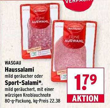 Haussalami mild geräuchert oder Sport-Salami* mild geräuchert, mit einer würzigen Knoblauchnote 80-g-Packung, kg-Preis 22.38