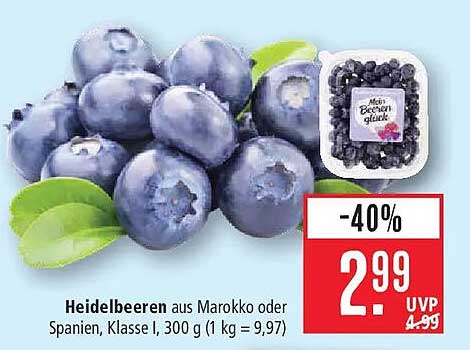 Heidelbeeren aus Marokko oder Spanien, Klasse I, 300 g (1 kg = 9,97)