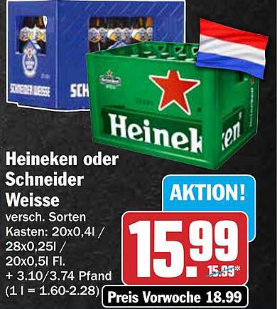 Heineken oder Schneider Weisse versch. Sorten Kasten: 20x0,4l / 28x0,25l / 20x0,51 Fl. + 3.10/3.74 Pfand (1 l = 1.60-2.28)