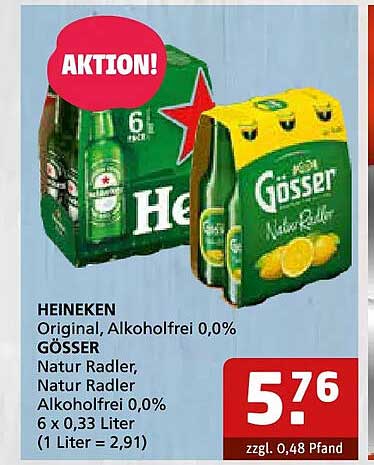 HEINEKEN Original, Alkoholfrei 0,0% GÖSSER Natur Radler, Natur Radler Alkoholfrei 0,0% 6 x 0,33 Liter (1 Liter = 2,91)
