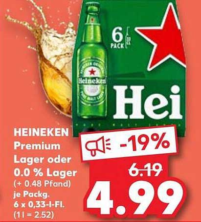 HEINEKEN Premium Lager oder 0.0 % Lager (+ 0.48 Pfand) je Packg. 6 x 0,33-l-Fl. (1 l = 2.52)