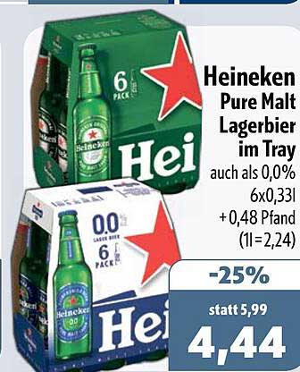 Heineken Pure Malt Lagerbier im Tray auch als 0,0% 6x0,33l + 0,48 Pfand (1l=2,24)
