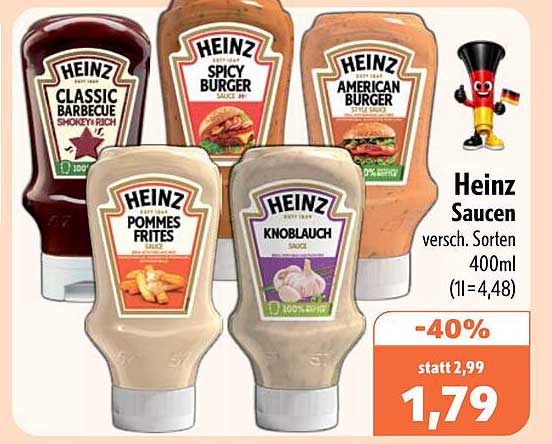 Heinz Saucen versch. Sorten 400ml (1l=4,48)