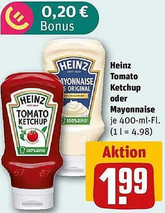 Heinz Tomato Ketchup oder Mayonnaise je 400-ml-Fl. (1 l = 4.98)