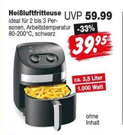 Heißluftfritteuse ideal für 2 bis 3 Personen, Arbeitstemperatur 80-200°C, schwarz