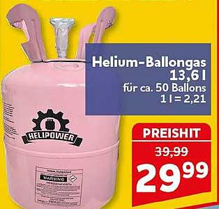 Helium-Ballongas 13,6 l für ca. 50 Ballons 1 l = 2,21