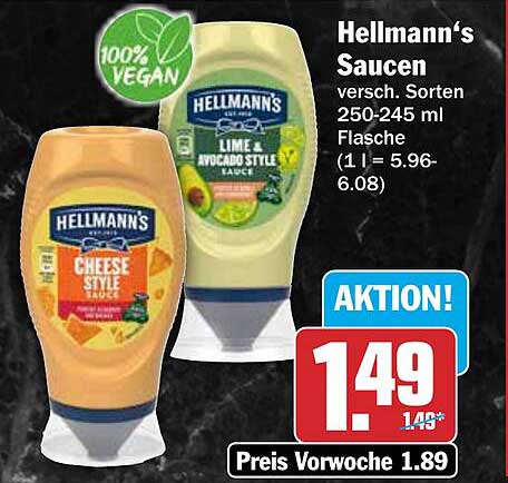 Hellmann's Saucen versch. Sorten 250-245 ml Flasche (1 l = 5.96-6.08)