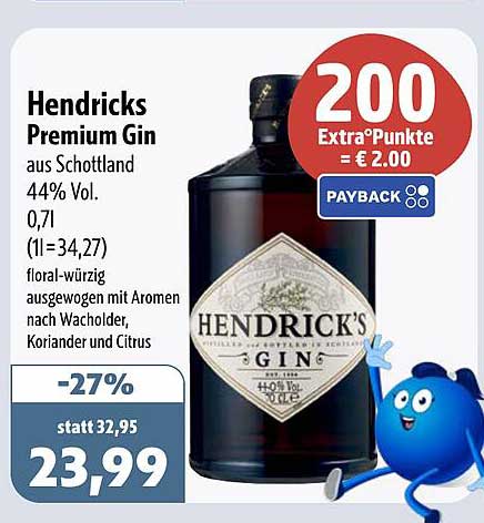 Hendricks Premium Gin aus Schottland 44% Vol. 0,7l (1l=34,27) floral-würzig ausgewogen mit Aromen nach Wacholder, Koriander und Citrus