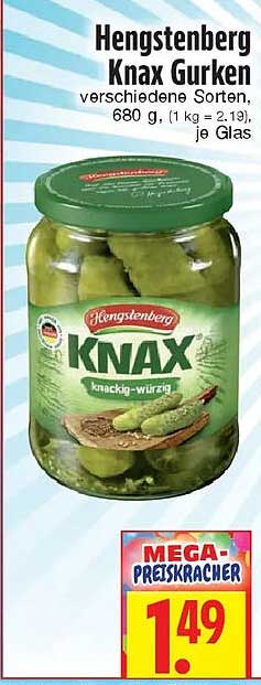 Hengstenberg Knax Gurken verschiedene Sorten, 680 g, (1 kg = 2.19), je Glas