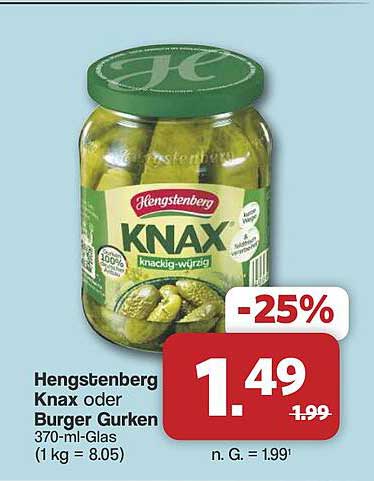 Hengstenberg Knax oder Burger Gurken 370-ml-Glas (1 kg = 8.05)