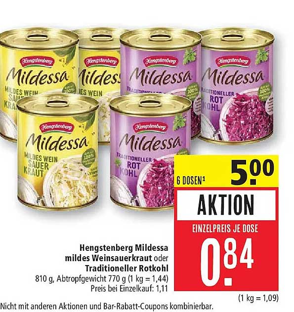 Hengstenberg Mildessa mildes Weinsauerkraut oder Traditioneller Rotkohl