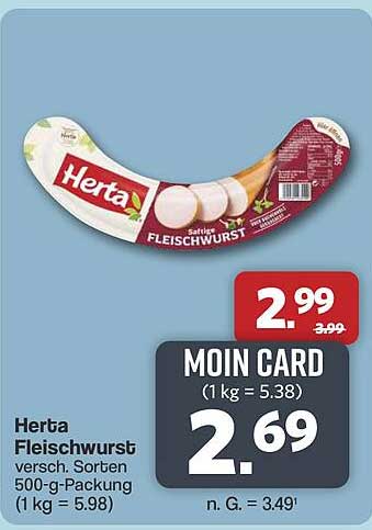 Herta Fleischwurst versch. Sorten 500-g-Packung (1 kg = 5.98)