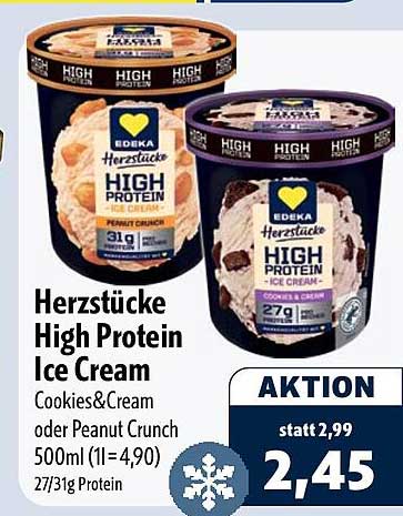 Herzstücke High Protein Ice Cream Cookies&Cream oder Peanut Crunch 500ml (1l=4,90) 27/31g Protein