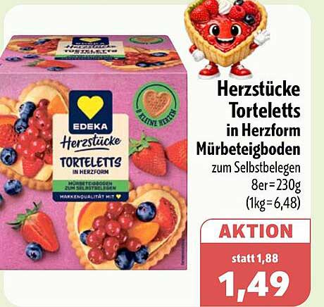Herzstücke Torteletts in Herzform Mürbteigboden zum Selbstbelegen 8er=230g (1kg=6,48)