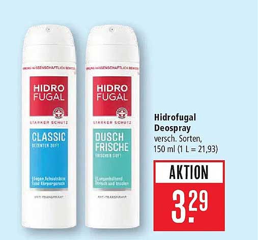 Hidrofugal Deospray versch. Sorten, 150 ml (1 L = 21,93)