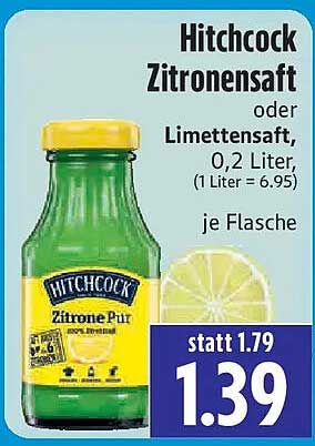 Hitchcock Zitronensaft oder Limettensaft, 0,2 Liter (1 Liter = 6.95) je Flasche